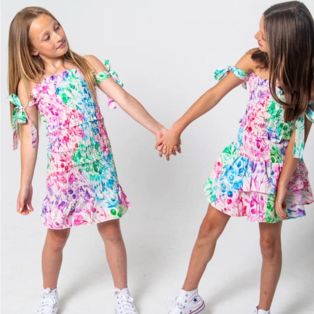 Theme Smocked Waverly Ombré Floral Kids Dress with Bow Straps